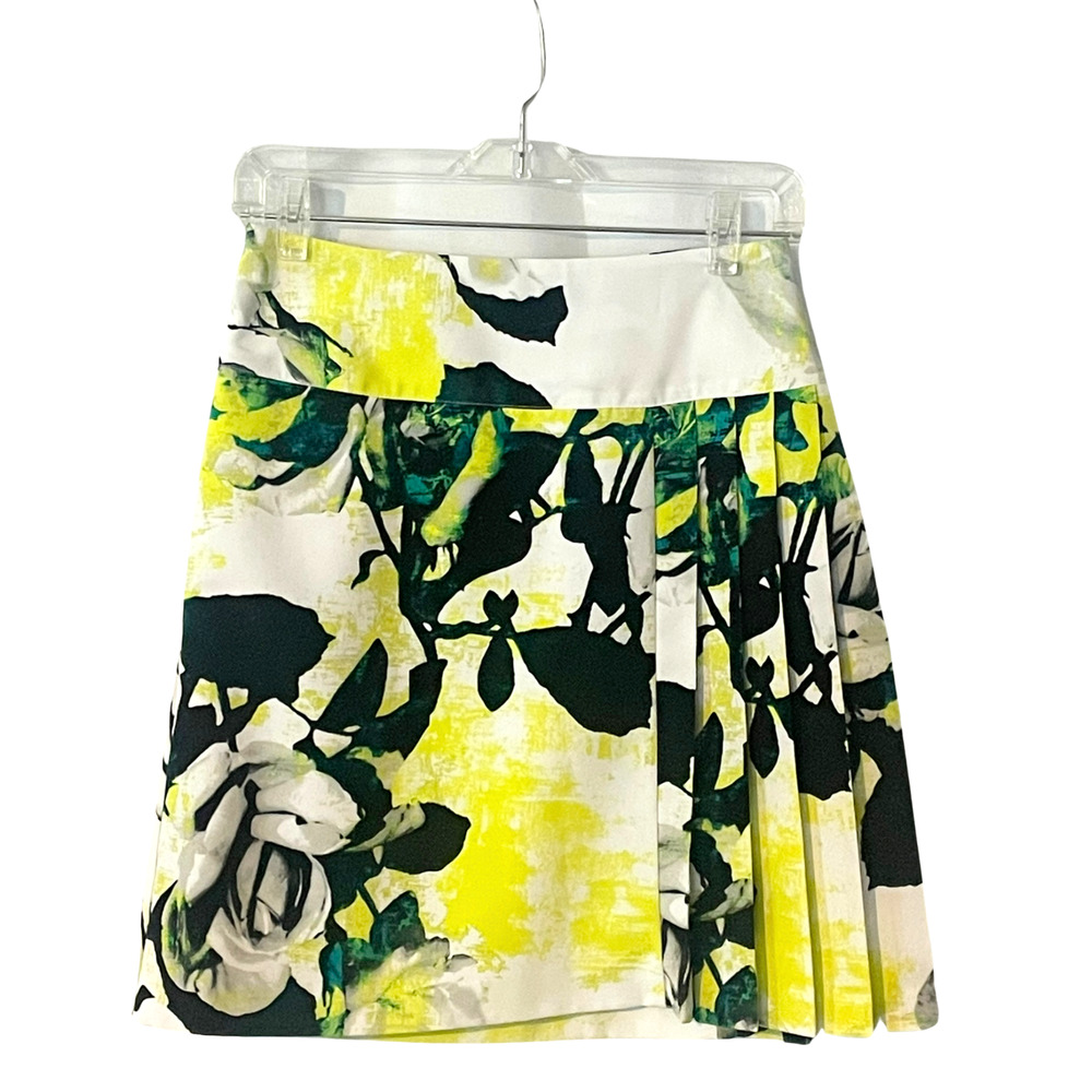 Worthington Sz 2P Pleated A-Line Skirt 19"L Bold Yellow & Black Floral Corpcore